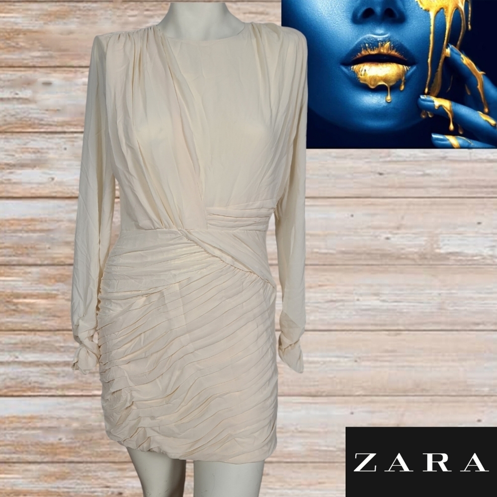 Zara Cream Long Sleeve Draped Cocktail Dress